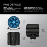 TerraBloom 12.3" (313mm) Inline Duct Fan, ECMF-315, 1662 CFM, 268W - TerraBloom