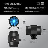 TerraBloom 4" EC Inline Duct Fan with Variable Speed Controller, ECMF-100, 141 CFM, 21W - TerraBloom