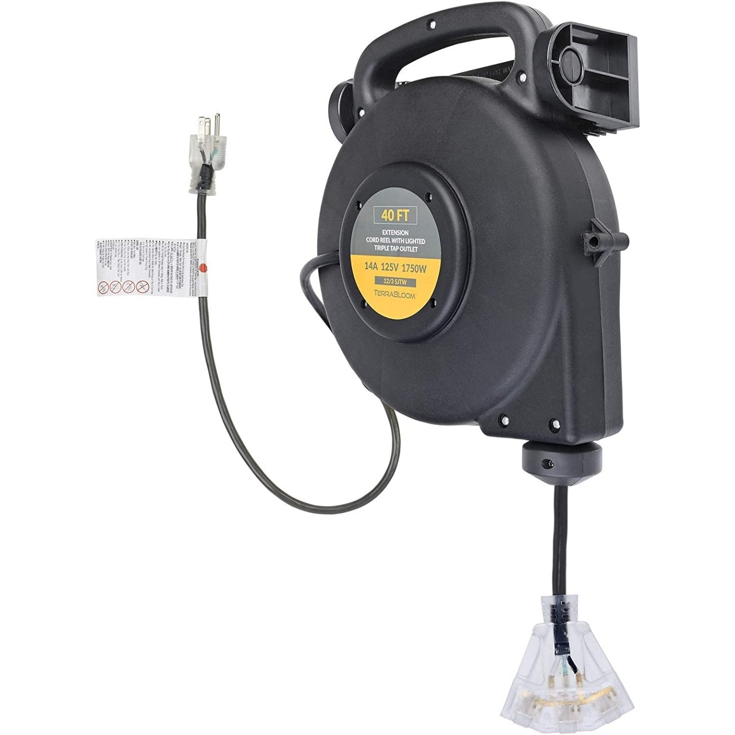 913227 Lumapro 40 ft. Indoor General Purpose Extension Cord Reel with Hand  Lamp, Black; Handle: Straight