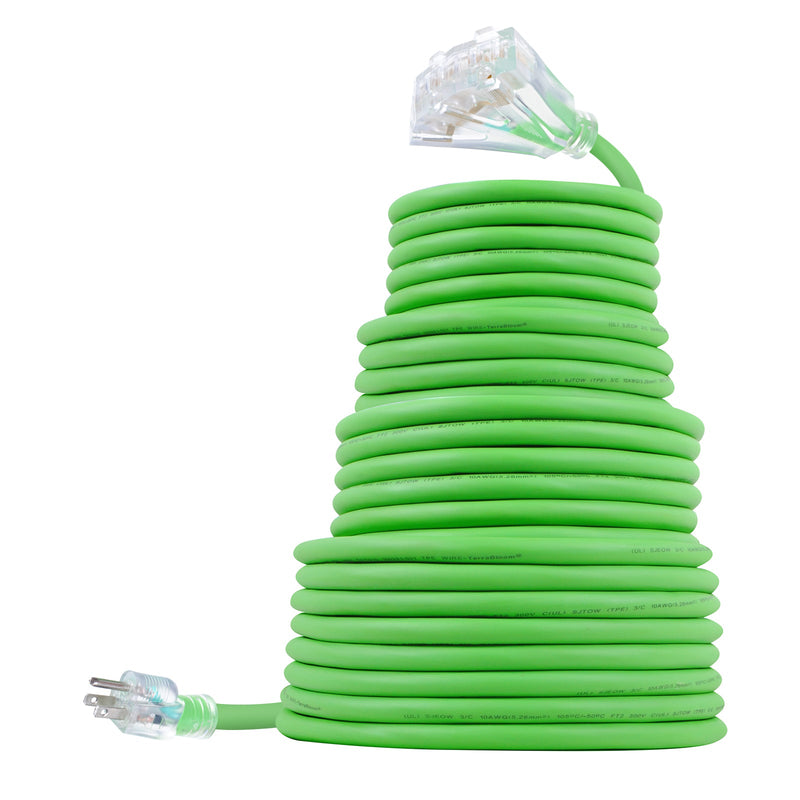 TerraBloom Outdoor Extension Cord 50 FT Rubber 10/3 SJEOW Triple Outlet Heavy Duty Green Wire Flexible TPE Cold Weather Jacket Lighted End UL Listed - TerraBloom