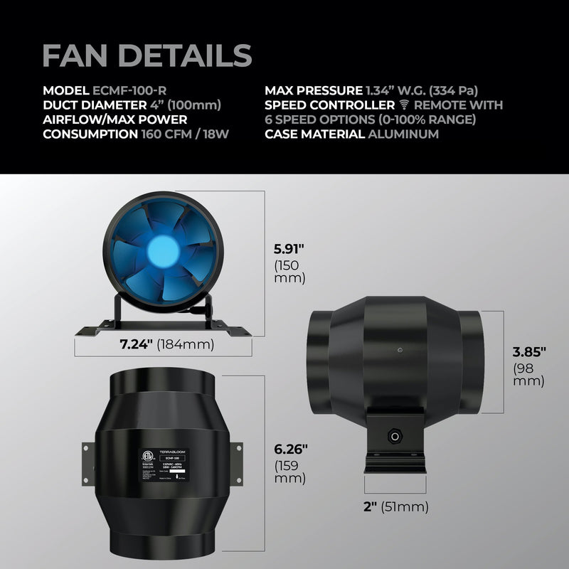 [2019 Model] TerraBloom 4" Inline Duct Fan, ECMF-100-R, 160 CFM, 18W - TerraBloom
