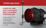 TerraBloom MFIF-6, 6", 395 CFM, 70W Inline Duct Fan with Variable Speed Controller - TerraBloom