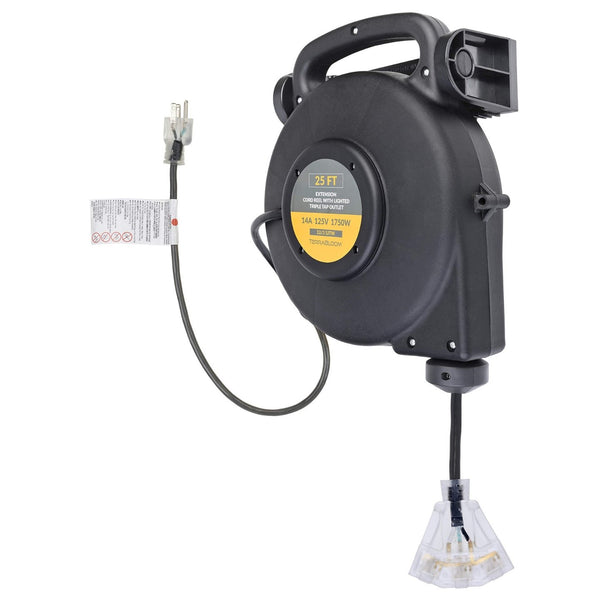 TerraBloom Retractable Extension Cord Reel 25 FT - Mountable & Portable Power Wire with 3 Outlets and LED Power Indicator. 12/3, 14 Amp, 1750, SJTW - TerraBloom