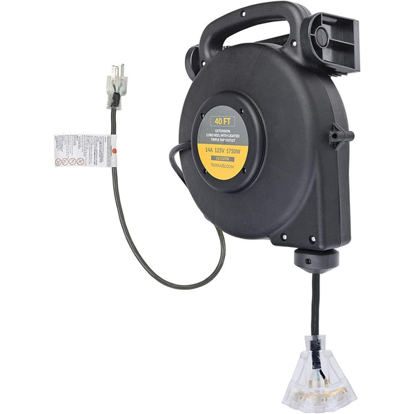 TerraBloom Retractable Extension Cord Reel 40 FT - Mountable & Portable Power Wire with 3 Outlets and LED Power Indicator. 12/3, 14 Amp, 1750, SJTW - TerraBloom