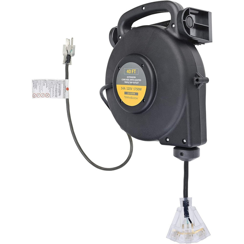 TerraBloom Retractable Extension Cord Reel 40 FT - Mountable & Portable  Power Wire with 3 Outlets and LED Power Indicator. 12/3, 14 Amp, 1750, SJTW