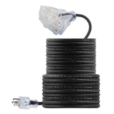 TerraBloom Rubber Extension Cords 50 FT, 12/3 Outdoor Rated - Rubber, Flexible, Triple Outlet, Black Wire with Live Power Light Indicator. 15 Amp - TerraBloom
